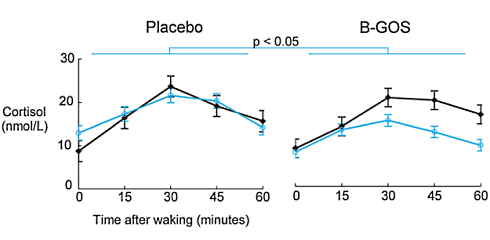Supplementation with galacto-oligosaccharides reduces cortisol levels