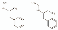 Methamphetamine (left), N,alpha-di-ethylphenylethylamine (right)